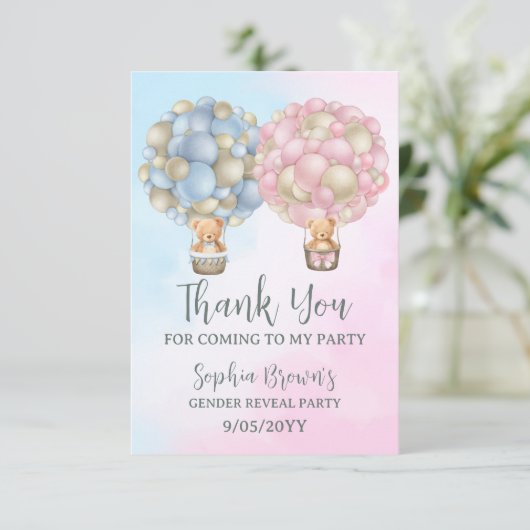 男の子または女の子のジェンダーが赤ちゃんのシャワーパーティーを明かす サンキューカード (スタンド正面)