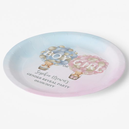 男の子または女の子のジェンダーが赤ちゃんのシャワーパーティーを明かす ペーパープレート (アングル)