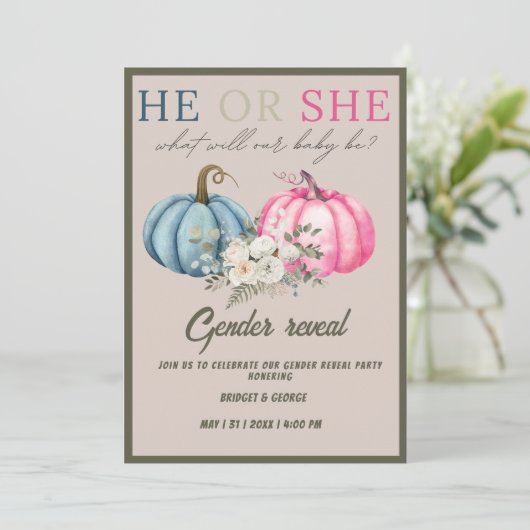 男の子または女の子のジェンダーリトルカボチャのパーティーを明かす 招待状 (スタンド正面)