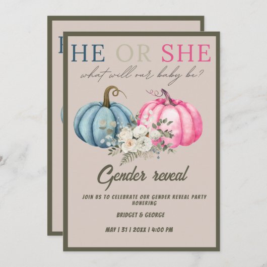 男の子または女の子のジェンダーリトルカボチャのパーティーを明かす 招待状 (正面/裏面)