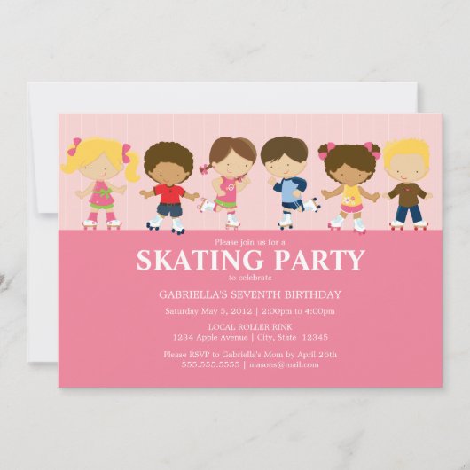 男の子または女の子のスケート選手|のピンクの誕生会の招待 招待状 (正面)