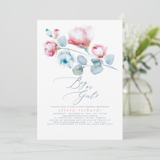 男の子または女の子のフローラジェンダーが赤ちゃんのシャワーを明らかにする 招待状 (スタンド正面)