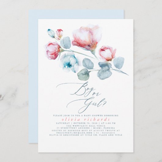 男の子または女の子のフローラジェンダーが赤ちゃんのシャワーを明らかにする 招待状 (正面/裏面)