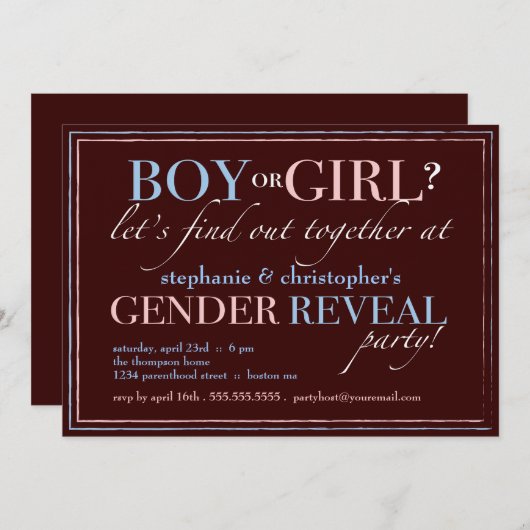 男の子または女の子のベビーの性エレガント別のパーティー 招待状 (正面/裏面)