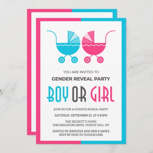 男の子または女の子のベビーベビーカー双生児ジェンダーの明け 招待状 (正面/裏面)