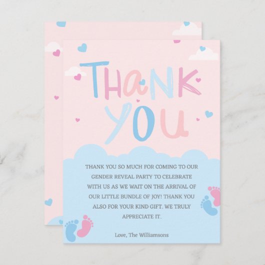 男の子または女の子のベビー足性別がパーティーを明らかにする サンキューカード (正面/裏面)