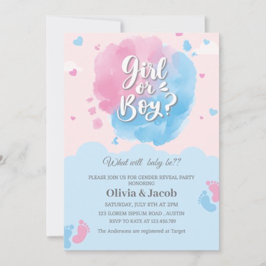 男の子または女の子のベビー足性別がパーティーを明らかにする 招待状 (正面)