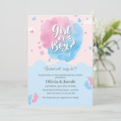 男の子または女の子のベビー足性別がパーティーを明らかにする 招待状 (スタンド正面)