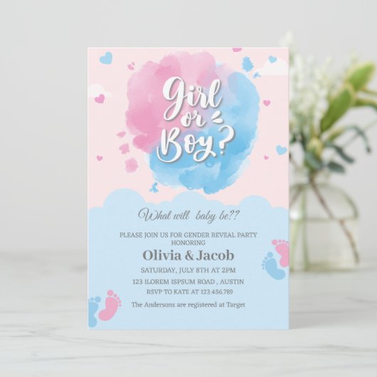 男の子または女の子のベビー足性別がパーティーを明らかにする 招待状 (スタンド正面)