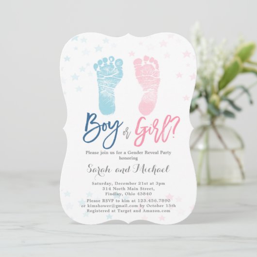 男の子または女の子のベビー足性別の表示 招待状 (スタンド正面)