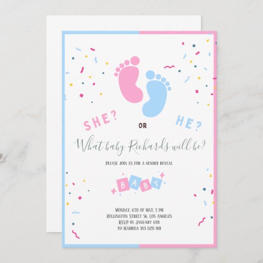 男の子または女の子のベビー足性別リビール招待状 招待状 (正面/裏面)