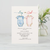 男の子または女の子のボディスーツ性別を表示パーティー 招待状 (スタンド正面)