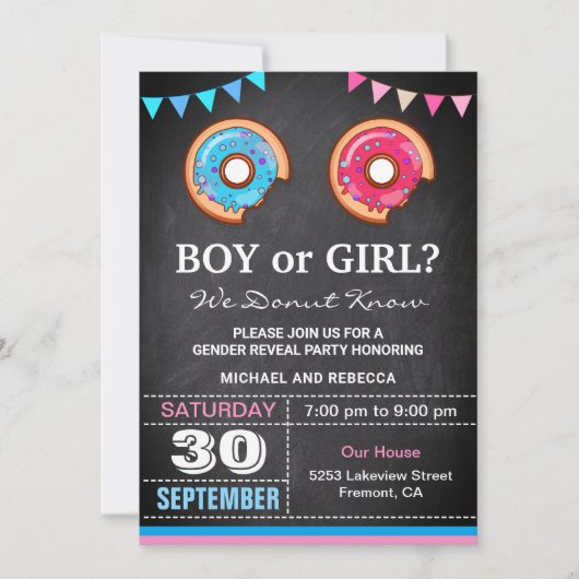 男の子または女の子のロナツジェンダーの表示パーティー 招待状 (正面)