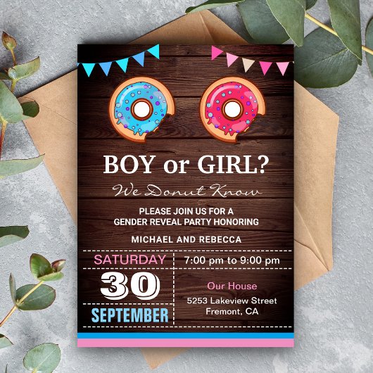 男の子または女の子のロナツジェンダーの表示パーティー 招待状