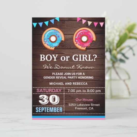 男の子または女の子のロナツジェンダーの表示パーティー 招待状 (スタンド正面)