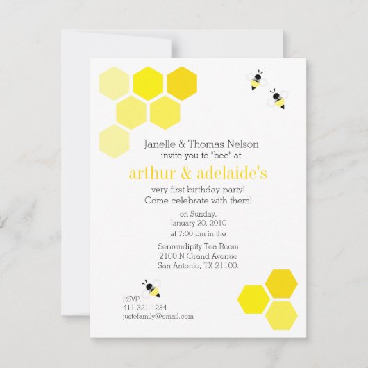 男の子または女の子の双子ANY AGE BEE誕生日パーティー 招待状 (正面)