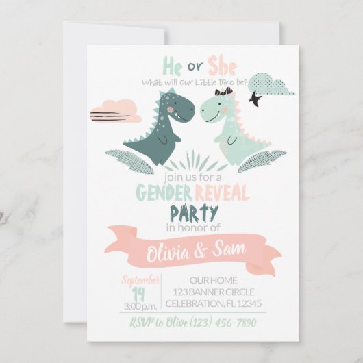 男の子または女の子の性別が水彩恐竜を明らかにする 招待状 (正面)