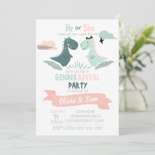 男の子または女の子の性別が水彩恐竜を明らかにする 招待状 (スタンド正面)