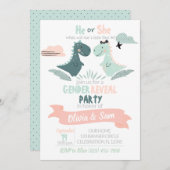 男の子または女の子の性別が水彩恐竜を明らかにする 招待状 (正面/裏面)