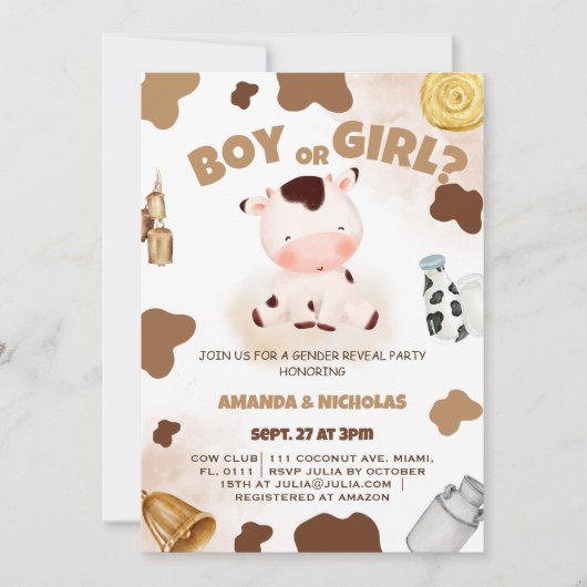 男の子または女の子の性別が牛のボー素朴ホを明かす 招待状 (正面)