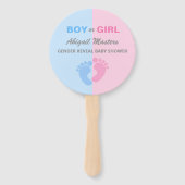 男の子または女の子の性別が赤ちゃんのシャワーを明らかにするベビー足 ハンドファン (正面)