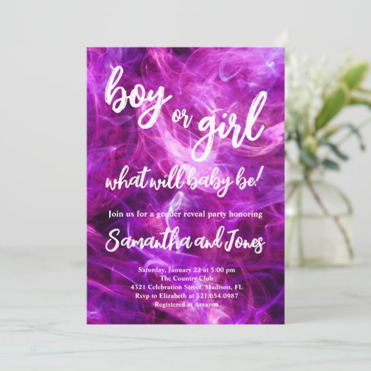 男の子または女の子の性別の表示パーティー 招待状 (スタンド正面)