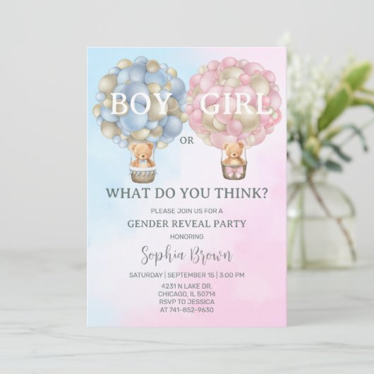 男の子または女の子の性別の表示パーティー 招待状 (スタンド正面)