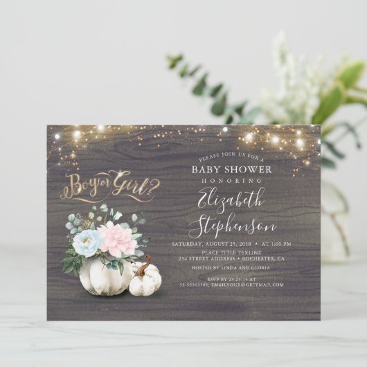 男の子または女の子の性明らかに秋赤ちゃんシャワー 招待状 (スタンド正面)