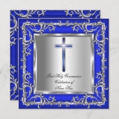 男の子または女の子の最初の聖なる聖餐式シルバーブルー3r 招待状 (正面/裏面)