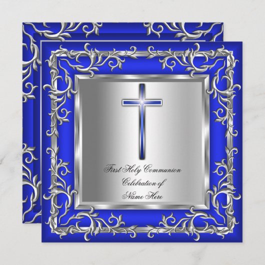 男の子または女の子の最初の聖なる聖餐式シルバーブルー3r 招待状 (正面/裏面)