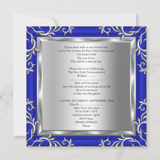 男の子または女の子の最初の聖なる聖餐式シルバーブルー3r 招待状 (裏面)