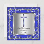 男の子または女の子の最初の聖なる聖餐式シルバーブルー3r 招待状 (正面)