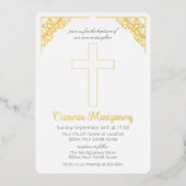 男の子または女の子の洗礼式に最適なゴールドの聖十字架デザイン 箔招待状 (正面)