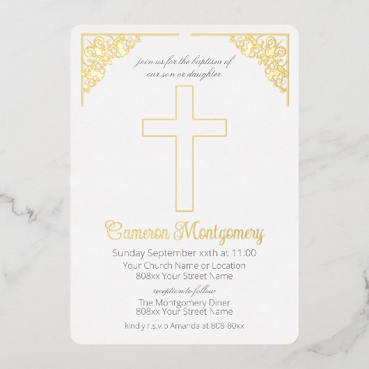 男の子または女の子の洗礼式に最適なゴールドの聖十字架デザイン 箔招待状 (正面)