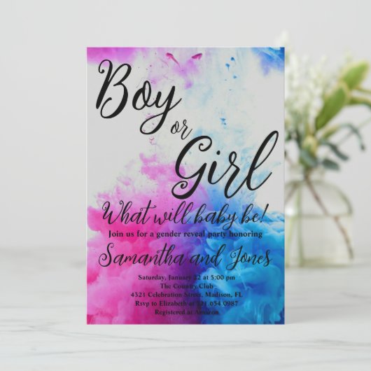 男の子または女の子の煙をテーマにしたベビージェンダーがパーティーを公開 招待状 (スタンド正面)