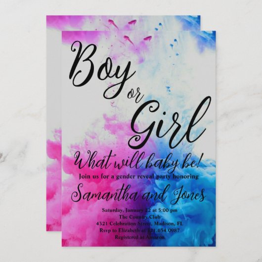 男の子または女の子の煙をテーマにしたベビージェンダーがパーティーを公開 招待状