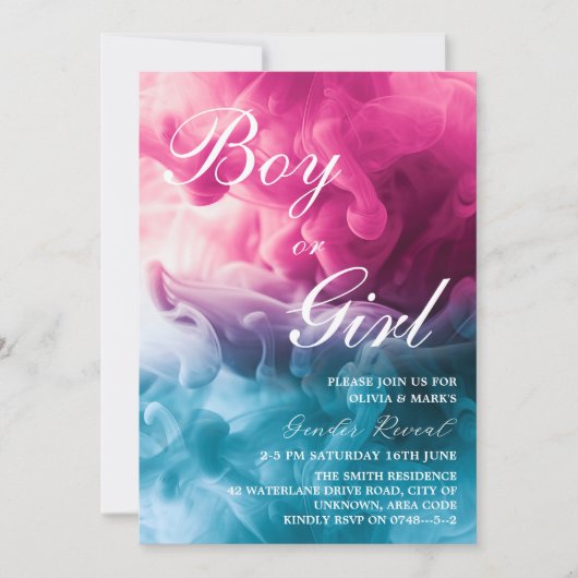 男の子または女の子の煙をテーマにしたベビージェンダーがパーティーを公開 招待状 (正面)