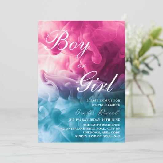 男の子または女の子の煙をテーマにしたベビージェンダーがパーティーを公開 招待状 (スタンド正面)