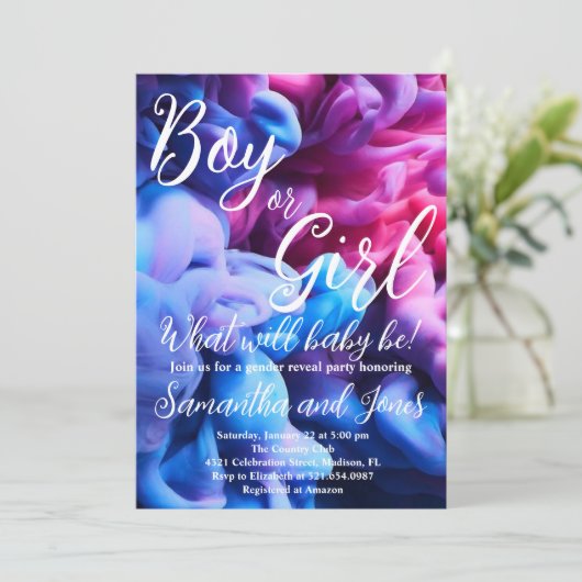 男の子または女の子の煙をテーマにしたベビージェンダーがパーティーを公開 招待状 (スタンド正面)