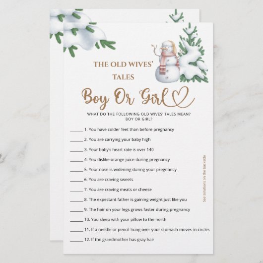 男の子または女の子の物語を推測する冬の赤ちゃんシャワーゲーム (正面/裏面)