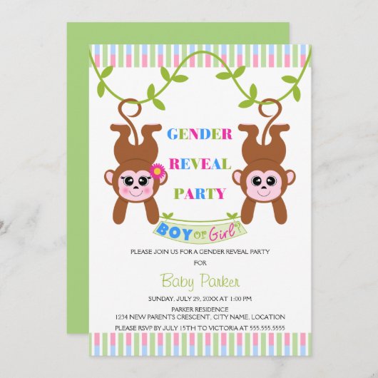 男の子または女の子の猿ジェンダーの表示パーティー 招待状 (正面/裏面)