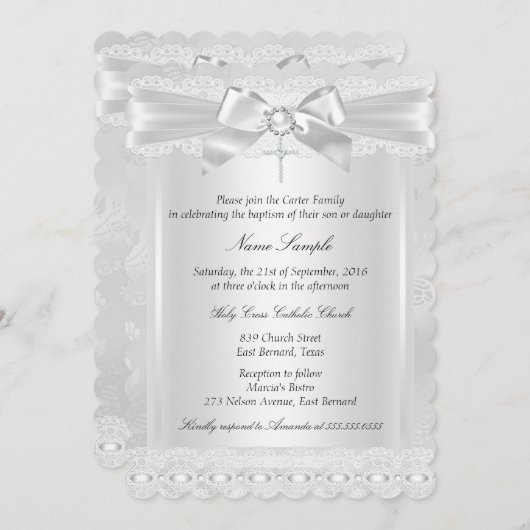 男の子または女の子の白いレースのクロス洗礼・命名式 招待状 (正面/裏面)