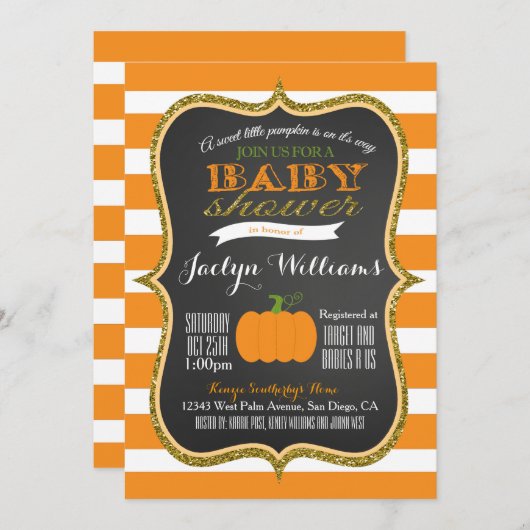 男の子または女の子の秋のカボチャベビーシャワーの招待状 招待状 (正面/裏面)