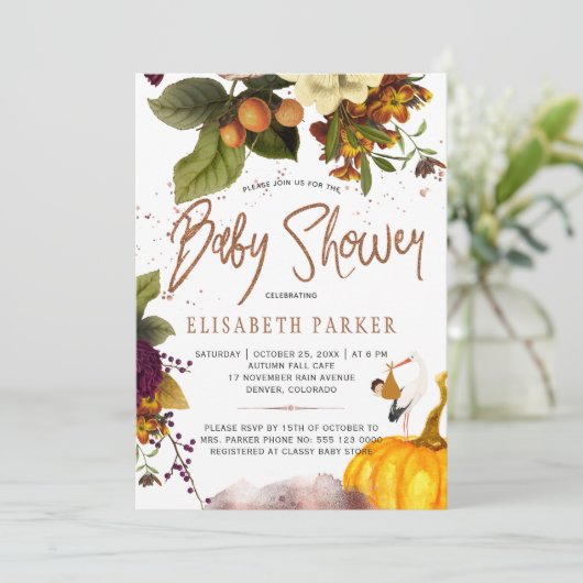 男の子または女の子の秋の秋錆びたフローラ赤ちゃんシャワー 招待状 (スタンド正面)