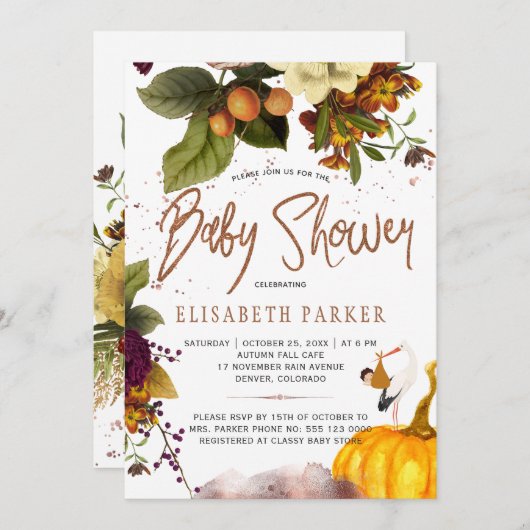男の子または女の子の秋の秋錆びたフローラ赤ちゃんシャワー 招待状 (正面/裏面)