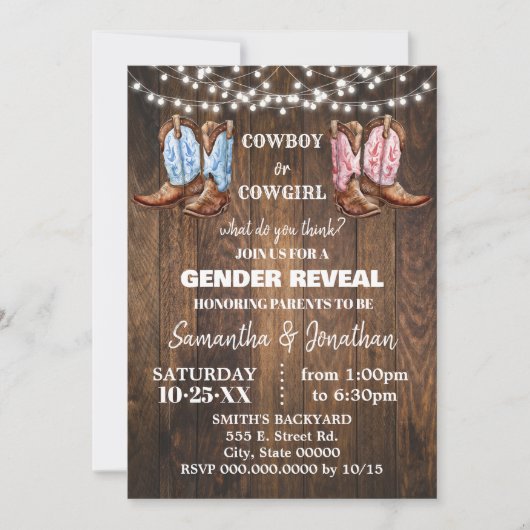 男の子または女の子の西ブーツ性別がシャワーを明らかにする 招待状 (正面)
