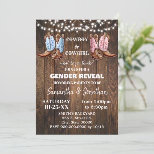 男の子または女の子の西ブーツ性別がシャワーを明らかにする 招待状 (スタンド正面)