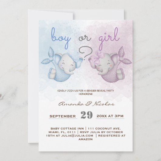 男の子または女の子の象ピンクの青の性別が明らかに 招待状 (正面)