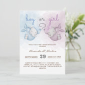 男の子または女の子の象ピンクの青の性別が明らかに 招待状 (スタンド正面)