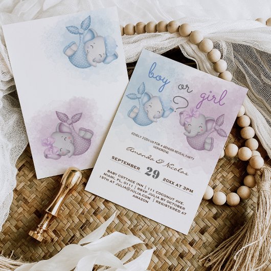 男の子または女の子の象ピンクの青の性別が明らかに 招待状